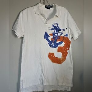 Polo by Ralph Lauren White Polo with Blue Anchor and Orange '3' Graphic